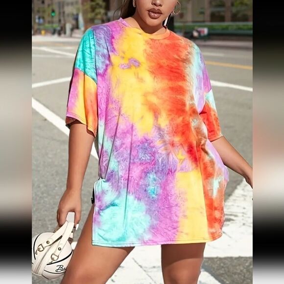 Plus Size Tie Dye Print Slit T-shirt Sz 2X - Picture 3 of 5